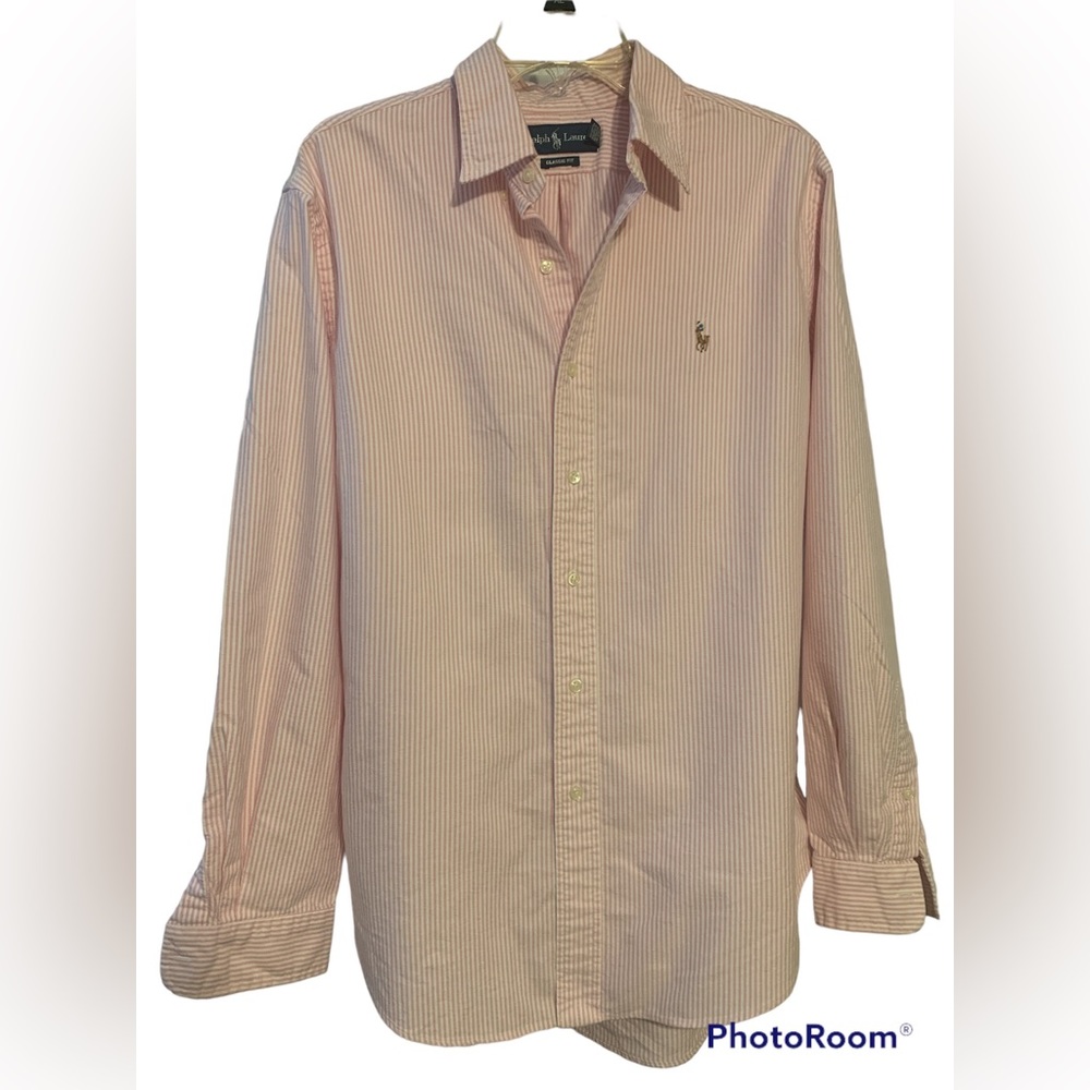 Ralph Lauren Classic Fit Pink White Stripe Long Sleeve Button Down Shirt